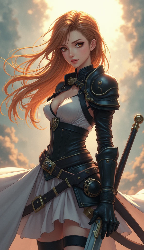 Theme of the game Final Fantasy. Image of a bronze-haired girl standing holding her favorite sword, wearing light armor in black and white, pastel colors, and dramatic tones. A masterpiece with the highest resolution , Image type surreal anime 
