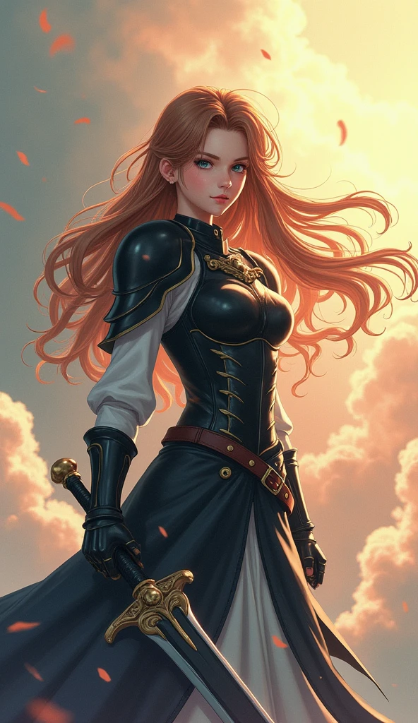 Theme of the game Final Fantasy. Image of a bronze-haired girl standing holding her favorite sword, wearing light armor in black and white, pastel colors, and dramatic tones. A masterpiece with the highest resolution , Image type surreal anime