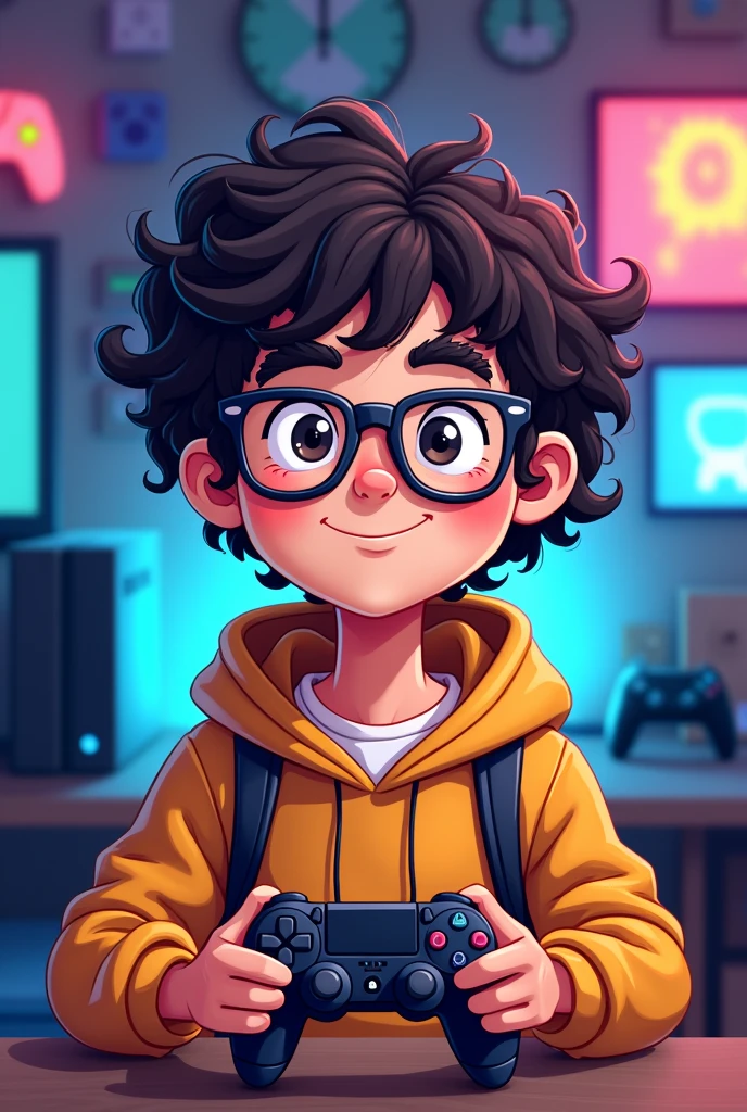 Curly-haired boy with glasses and wavy cartoon-style hair, in a gamer set and that looks like the age of 15-16 years, that looks cartoon style and not 3D
