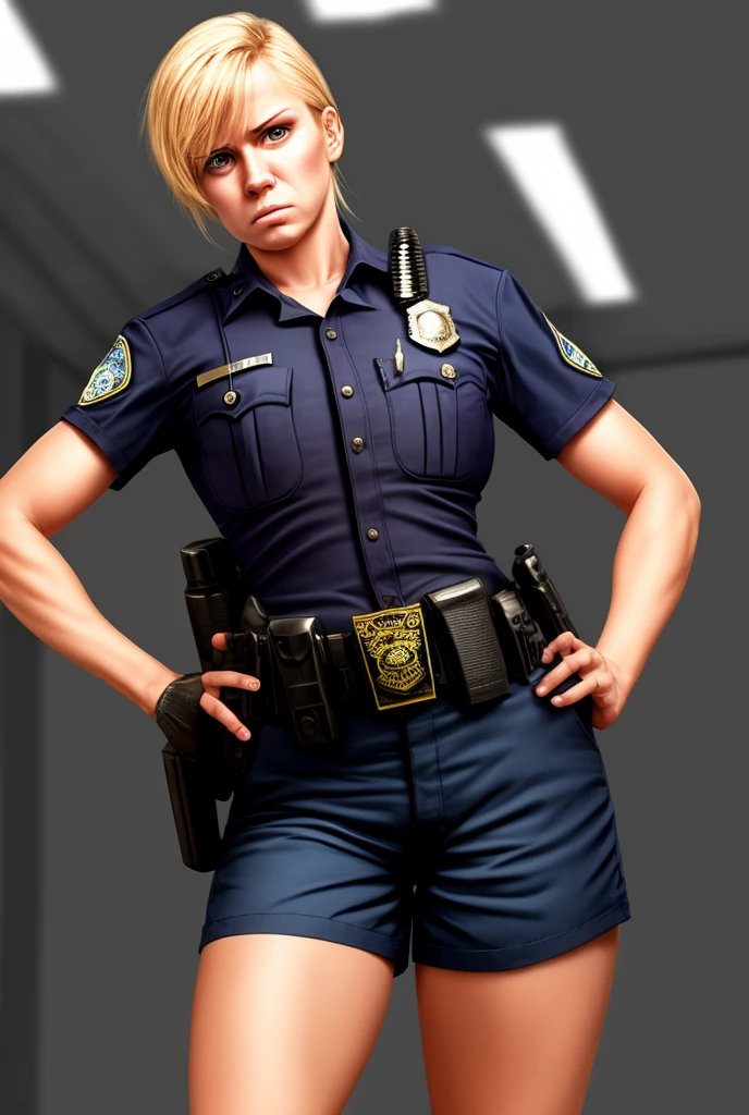 Angry blonde female cop wearing shorts hands on hips full front view