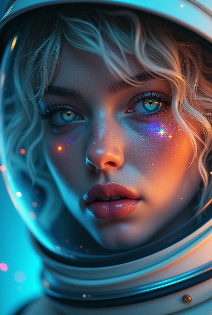 (Close-up of a better masterpiece:1.5)0.9], (Space and astronauts:1.2) (Messy silver hair:1.1) (Heterochromia xanthochromia and blue eyes:1.2) (Space Helmet:1.0) (Colored stars in the eyes:1.0) (A radiant glow:1.1) (thick lips:0.9)