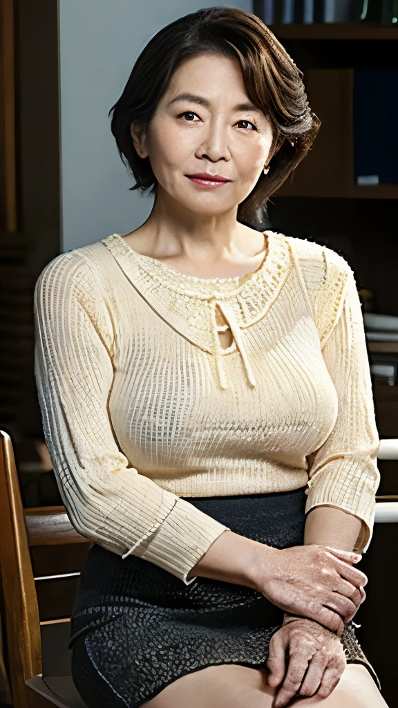 High resolution, High resolution, Attention to detail, masterpiece,(loose body), Anatomically correct, sharp, ((Japanese Mature)),(80 years old:1.3),((Facial wrinkles)), Shapely breasts,Fair skin, Black Hair,(Long Hair), bangs,(((Stand upright, facing the center.))),Look at the photographer, Looking Ahead,(Knitted blouse:1.4),(Tight Skirt:1.3),(Sitting),(Thighs:1.4),Inside the warehouse,(Serious expression),(old woman:1.1),Mature cabin attendant