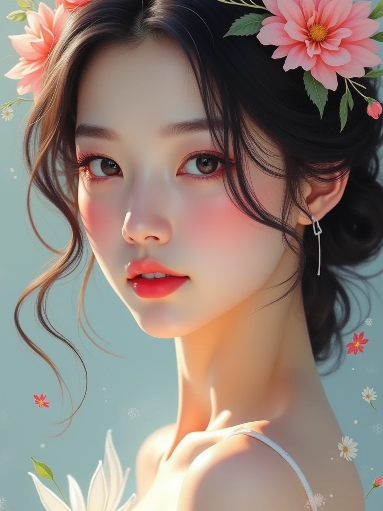 Close-up of a woman with a flower crown on her head, Asian characteristics, jinyoung shin, inspired by Yanjun Cheng, Traditional arts, korean artist, Gorgeous Chinese model, yanjun chengt, fan art, author:unbelievable, beautiful korean woman, official artwork, Wu Bin, wenfei ye, Korean popular makeup, Absolute abstract retro art print of a young Asian woman, Sexy, Charming girl wearing sailor hat, bikini, drawing of a woman wife ((golden ratio}} Lying on the couch after a long night on the town, A painting, A beautiful and expressive painting, Malcolm Lipke painting, glossy painting, Beautiful digital painting, The art of math, Beautiful paintings, monochrome. Malcolm Lipke oil painting, Impressionist painting.Will, Beautiful and delicate face, White skin