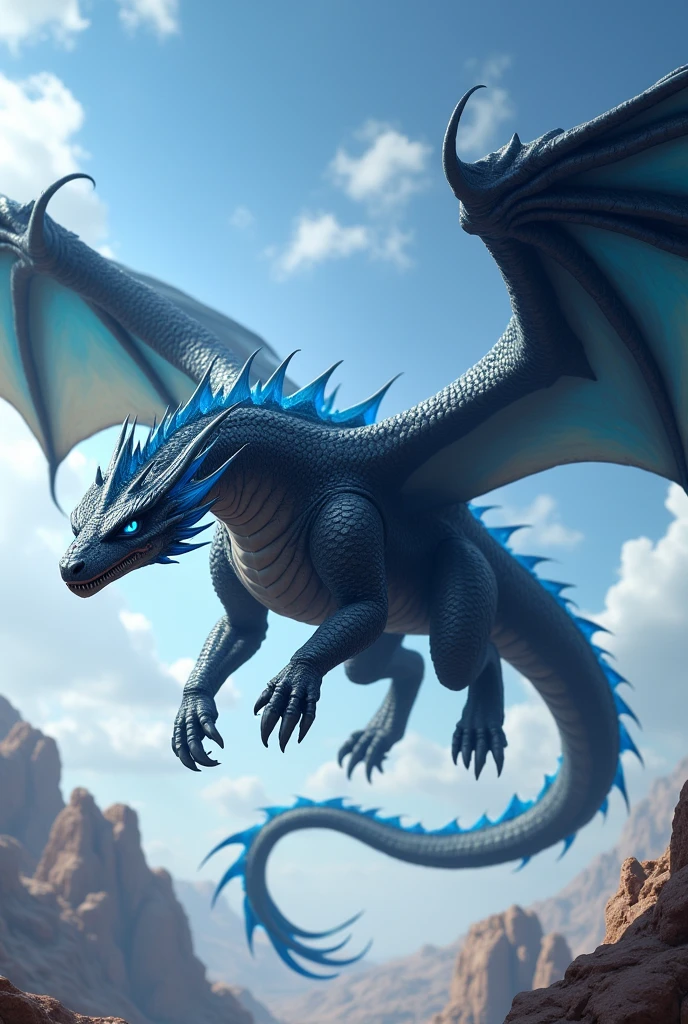 Large elegant flying dragon dark grey blue eyes blue details blue wings