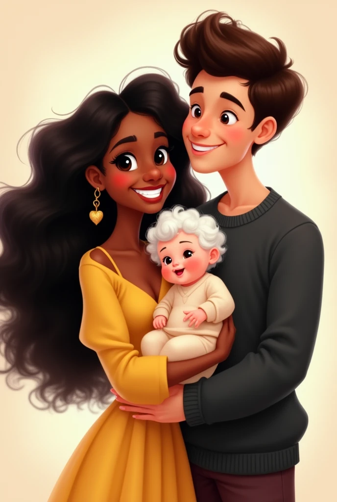 A brown woman with long black curly hair, black eyes, wearing a yellow dress. And a white skinned man , round nose,curly brown hair. He wears a black sweater. They hold a white baby with curly hair and a pink bow. Disney style