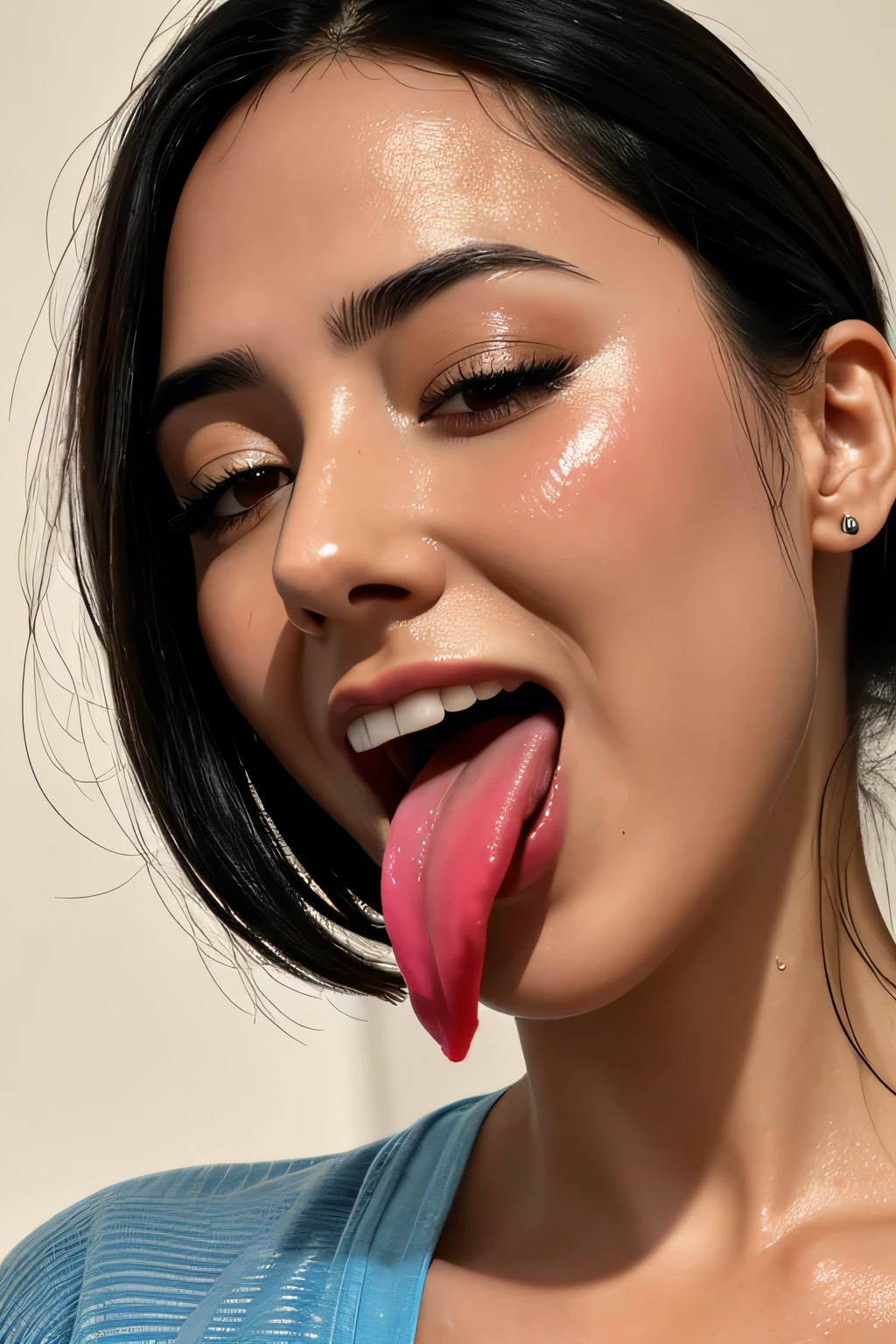 Tabletop,,Award-winning photo, Very detailed, Sharp focus on the eyes, Nose and mouth,Face Focus, Woman with open mouth and closed eyes, blue camisole、Age 35,Black-haired、Symmetrical face,Realistic nostrils、Angle from below,,Sweaty skin、Lighting that highlights sweaty skin,Skin shiny with sweat、Glowing Skin、Sweaty hair,Beautiful Japanese actresses,smile,(Super wet skin)((ahegao,,Sticking out tongue,Long Tongue,))((Realistic eyelashes with attention to detail))((ahegao, Drooling, traces of saliva, Long Tongue, Face to face, Textured skin, Anatomically correct, Ultra-high resolution,))Thick tongue,Realistic moist skin