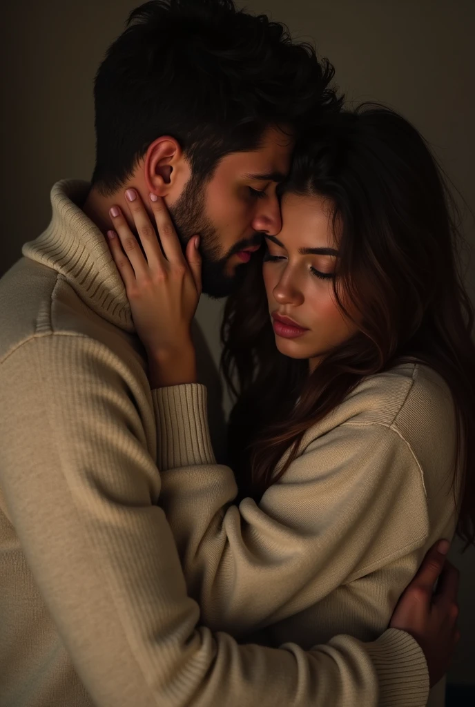 A drawing where there is a couple , that the girl is hugging him from under his sweater