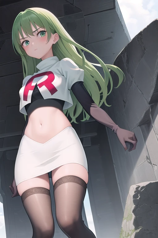masterpiece, best quality, 1girl, solo, looking at viewer, blush, sitri, green hair,team rocket,team rocket uniform,white skirt,red letter R,crop top,black thigh-highs,black elbow gloves