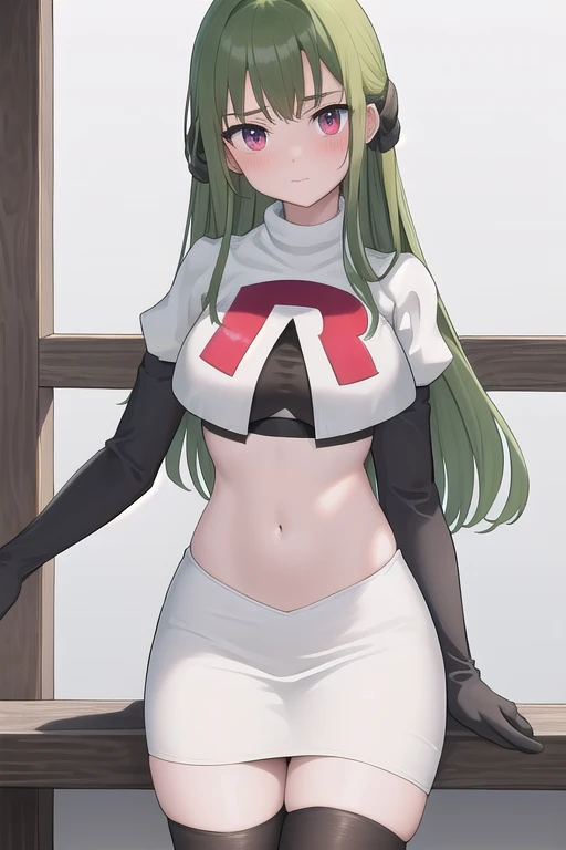 masterpiece, best quality, 1girl, solo, looking at viewer, blush, sitri, green hair,team rocket,team rocket uniform,white skirt,red letter R,crop top,black thigh-highs,black elbow gloves