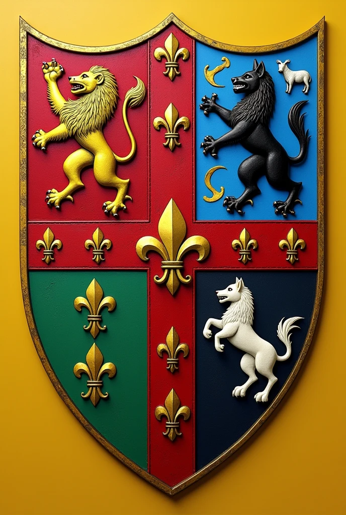 Create a shield for the Bolaños and Chacon families, with a red Calatrava cross charged with five silver scallops and azure and silver wave tips, rampant lion and the green tablecloth, silver sheep on a field of gold, golden fleur-de-lis and a black wolf of saple, with the colors red, dorado, blue and green