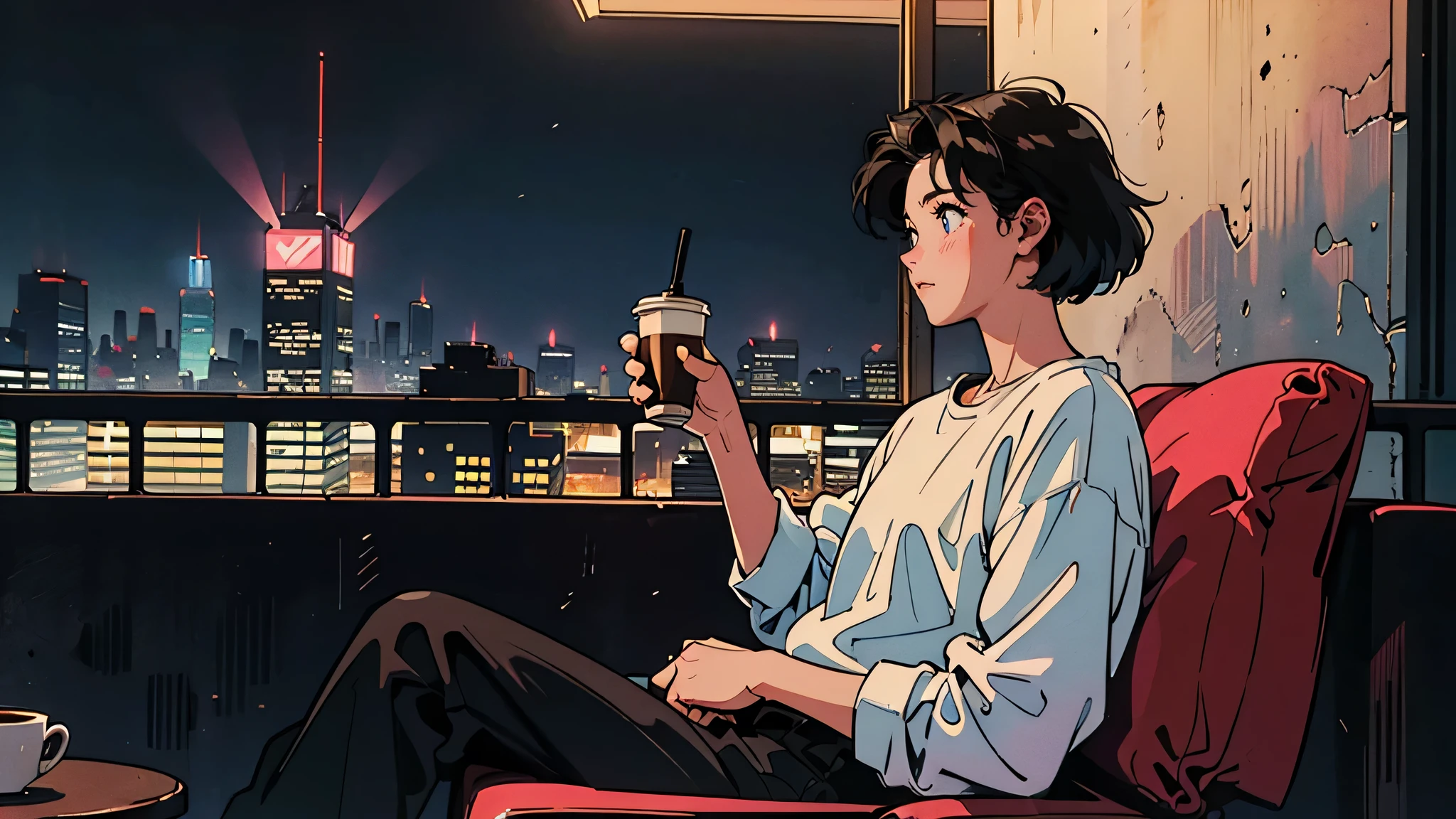 Highest quality, 8k, 1990s style,Hairstyles of the 2010s, 21 year old girl, Black Hair, Bob Hair, Light brown eyes, City Pop, pants ,Night view, Relax on the veranda、,コーヒーを飲む, whole body,  Relax Coffee,profile