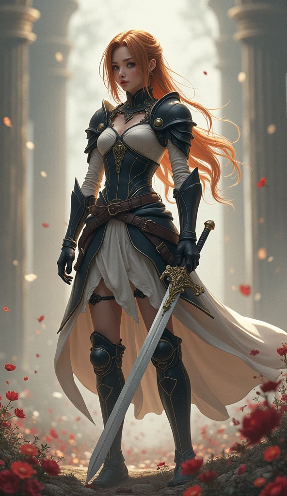 Theme of the game Final Fantasy. Image of a bronze-haired girl standing holding her favorite sword, wearing light armor in black and white, pastel colors, and dramatic tones. A masterpiece with the highest resolution , Image type surreal fantasy