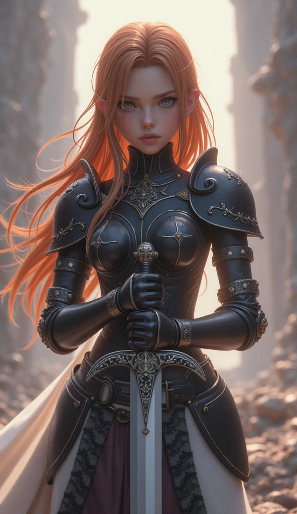 Theme of the game Final Fantasy. Image of a bronze-haired girl standing holding her favorite sword, wearing light armor in black and white, pastel colors, and dramatic tones. A masterpiece with the highest resolution , Image type surreal fantasy