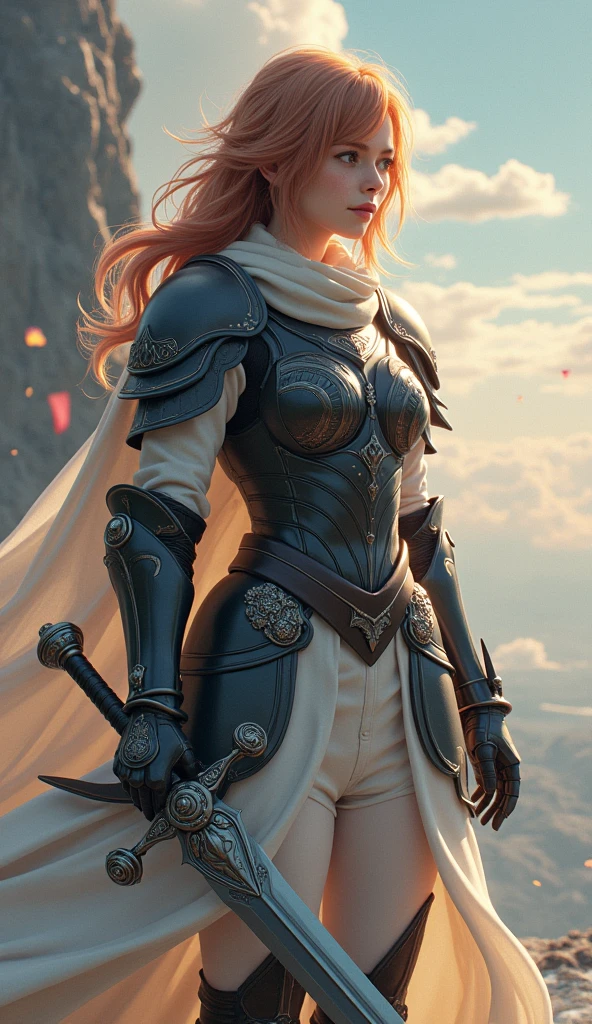 Theme of the game Final Fantasy. Image of a bronze-haired girl standing holding her favorite sword, wearing light armor in black and white, pastel colors, and dramatic tones. A masterpiece with the highest resolution , Image type surreal fantasy