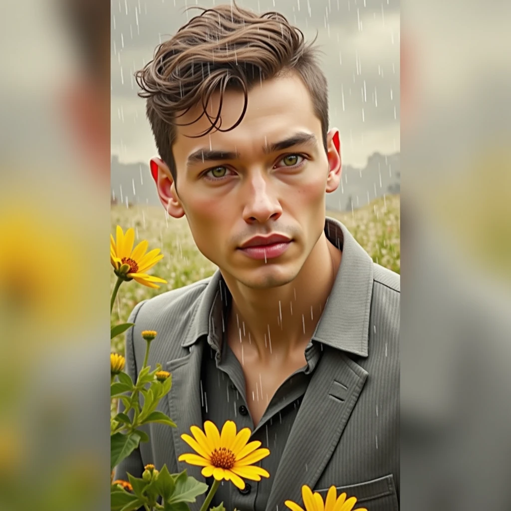 Professional realistic photo cloudy in the rain dressed in very elegant suit