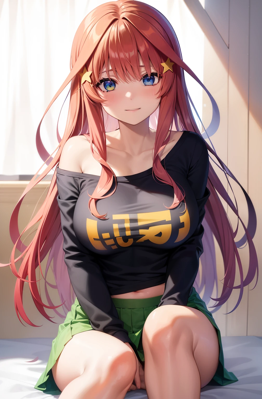 (赤い髪と青い目をしたAnime Girls), Loose mid-cut T-shirt,((I can see my belly button))、No underwear, ((Shoulder visible shirt)), (Micro Mini Skirt:1.2),魅力的なAnime Girls, Anime Girls con pelo largo, 美しいAnime Girls, かわいいAnime Girls, Anime Girls, かわいいAnime Girls, 最高のAnime Girls, Moe anime art style, visual anime of a cute girl, 肖像画のAnime Girls, Anime Girls, 魅惑的なAnime Girls, (Anime Girls), 若いAnime Girls、Yellow star hair ornament