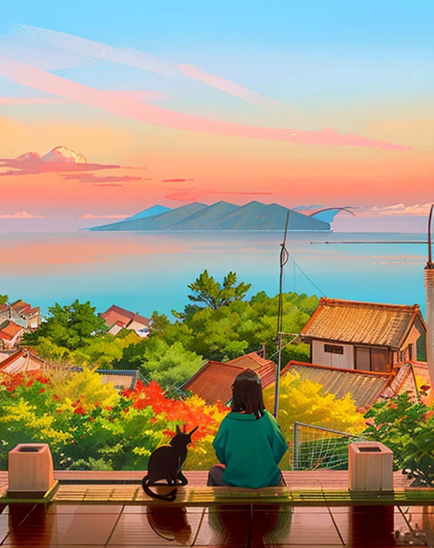 There is a woman sitting on a shelf with a cat, ehime, japan shonan enoshima, kamakura scenery, by Nishida Shun'ei, by Central Plains Nantianfang, by Maeda Masao, beautiful iwakura, by Naondo Nakamura, by Rei Kamoi, by Miyamoto, by Kamagurka