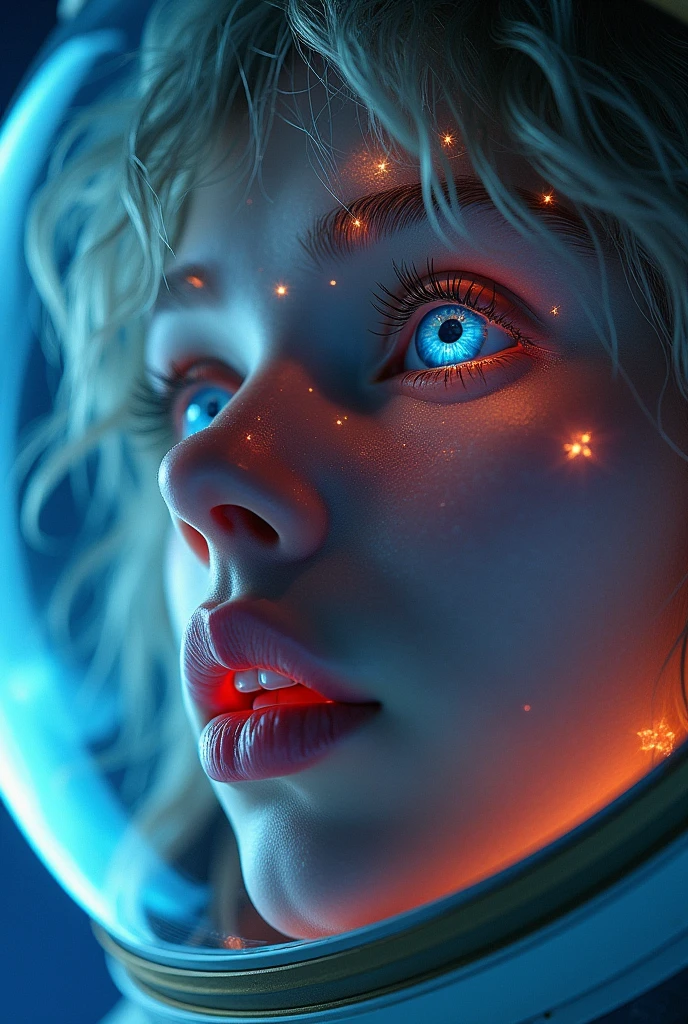 (Close-up of a better masterpiece:1.5)0.9], (Space and astronauts:1.2) (Messy silver hair:1.1) (Heterochromia xanthochromia and blue eyes:1.2) (Space Helmet:1.0) (Colored stars in the eyes:1.0) (A radiant glow:1.1) (thick lips:0.9)