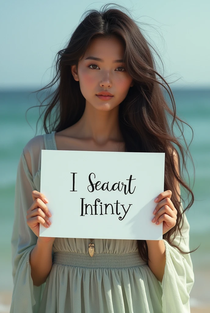 Beautiful girl with wavy long hair, bohemian dress, holding a white board with text "I Love Seaart Infinity" and showing it to the viewer