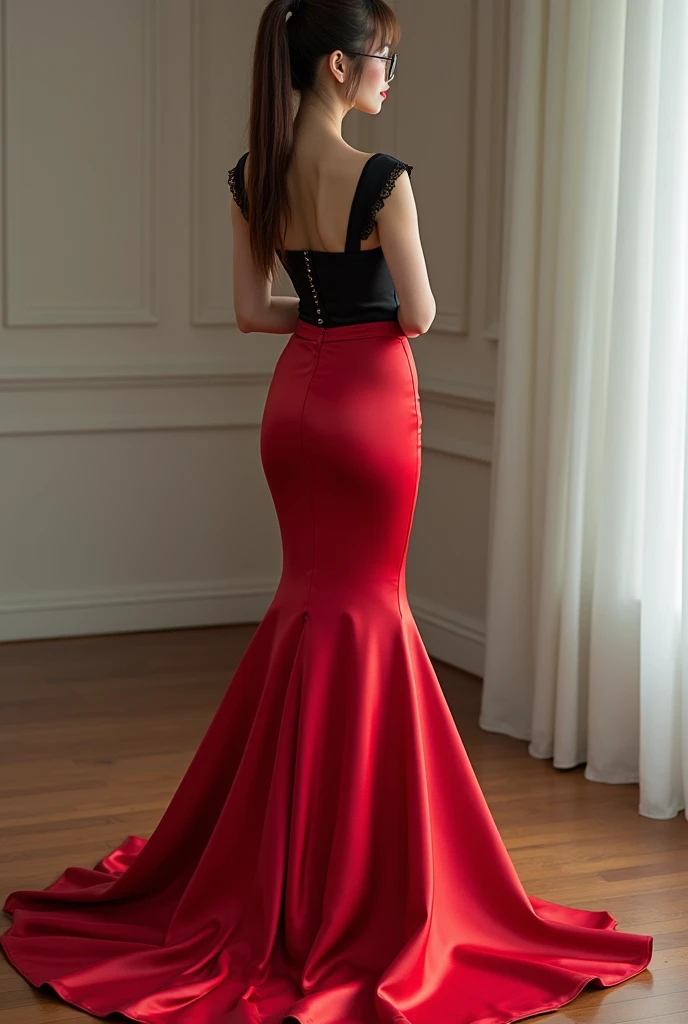 (masterpiece,highest quality,超A high resolution),japanaese girl with pony tail hair (((Very beautiful 35 year old girl))), pretty woman, a woman in the mermaid long train silk red skirt,the skirt is very long, full body, wear sexy corset, wear sexy blouse, wear glasses,long satin, flowy dramatic long skirt, talwomen, random pose, work in office, wear high heels, masterpice (Shiny red long train dress mermaid-style long skirt