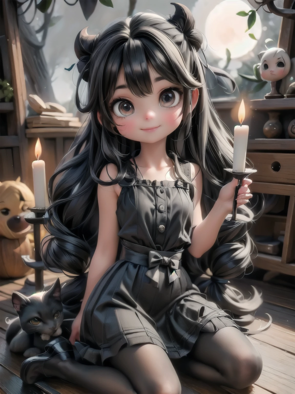 a cute horned girl smiling, black hair, hairbow, teenager dress, pumps, sitting on the floor, woods (((at night))), fog, candles, magical mystery ambient, dark fantasy style