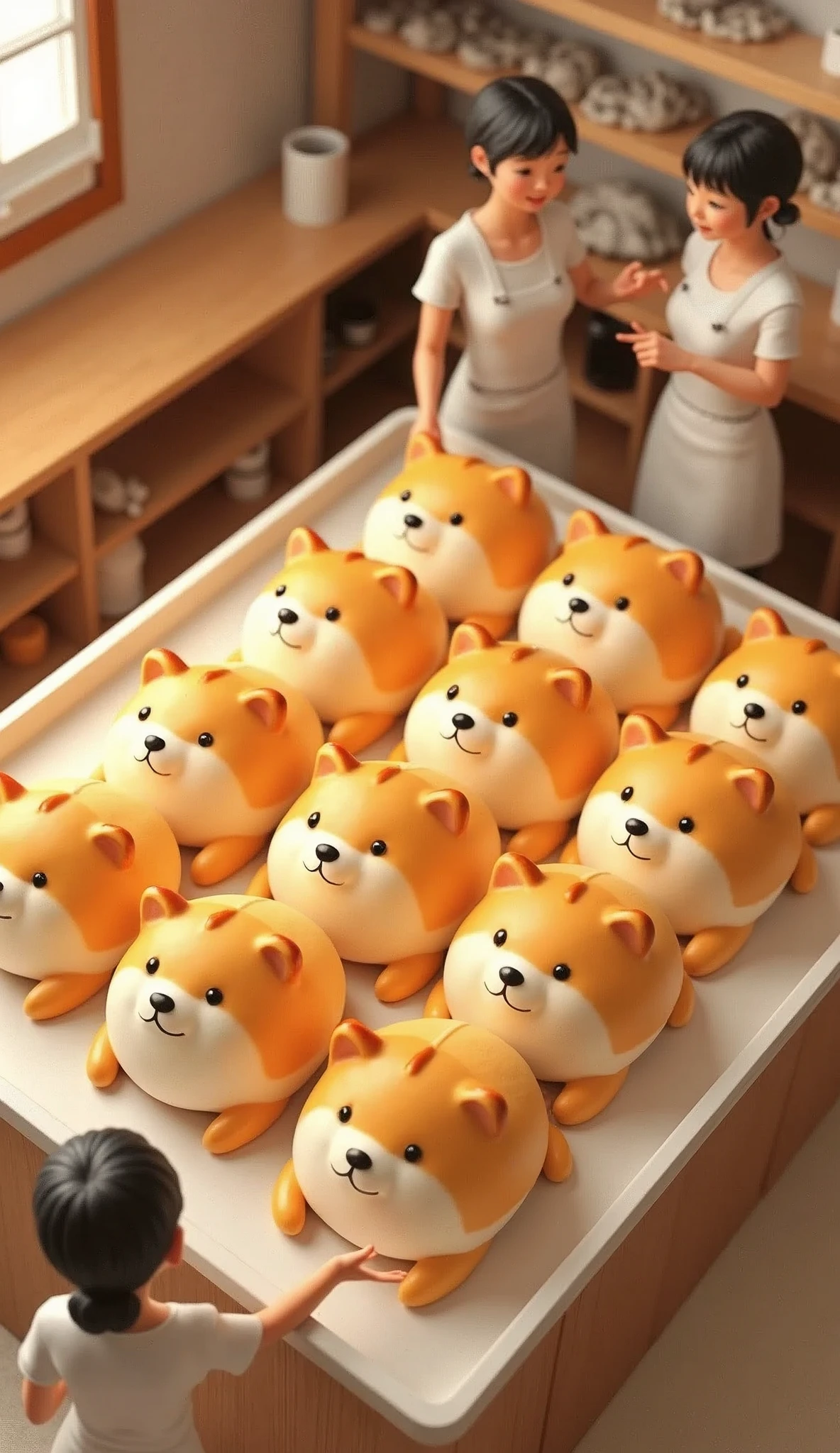 (masterpiece:1.2, Highest quality,Highest quality,Very detailedな:1.2),(Very detailed),(Best illustrations),8k,(1 female:1.6),(I work at a bakery),(There are many women working at bakeries.々The bread features small Rilakkuma-like Shiba Inu characters with cute expressions, arranged in a square.,Bakery Shop,Very simple design),3D drawing