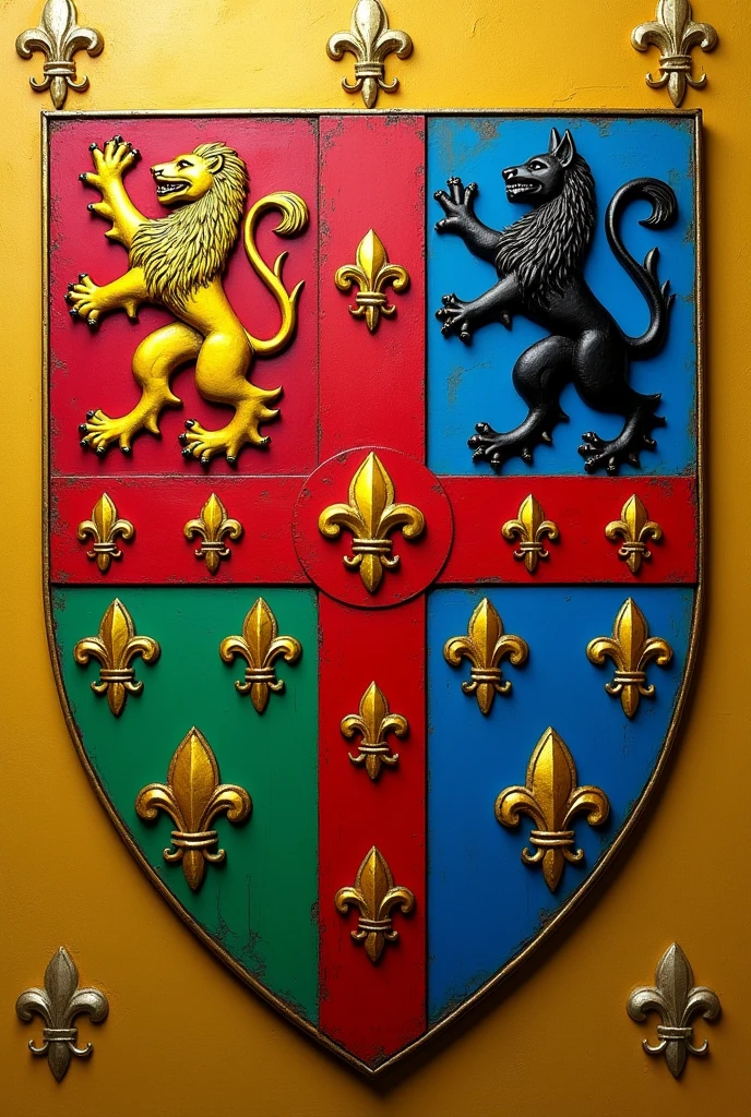 Create a shield for the Bolaños and Chacon families, with a red Calatrava cross charged with five silver scallops and azure and silver wave tips, rampant lion and the green tablecloth, silver sheep on a field of gold, golden fleur-de-lis and a black wolf of saple, with the colors red, dorado, blue and green