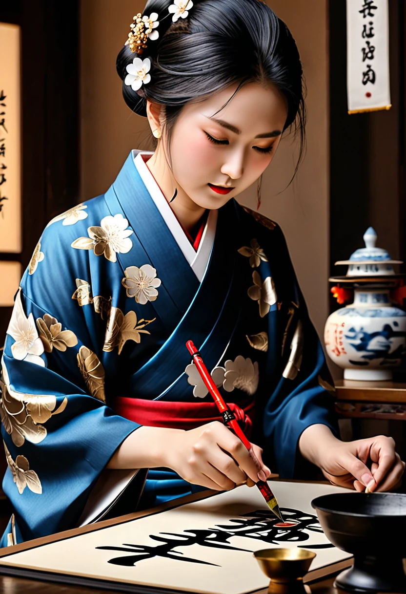 Shodô, Muni d'un pinceau et d'encre de Chine, le calligraphe trace un idéogramme japonais sur du papier, art ancestrale de la calligraphie, trait artistique, finement exécuté, extrêmement détaillé et précis,  matrice,  Hyperréaliste, la plus haute qualité, la plus haute qualité, Résolution 8k, Cinématique, Éclairage dramatique, Extrêmement clair, masterpiece surréaliste à couper le souffle