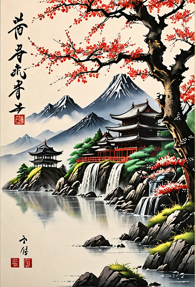 Shodô, Muni d'un pinceau et d'encre de Chine, le calligraphe trace un idéogramme japonais sur du papier, art ancestrale de la calligraphie, trait artistique, finement exécuté, extrêmement détaillé et précis,  matrice,  Hyperréaliste, la plus haute qualité, la plus haute qualité, Résolution 8k, Cinématique, Éclairage dramatique, Extrêmement clair, masterpiece surréaliste à couper le souffle