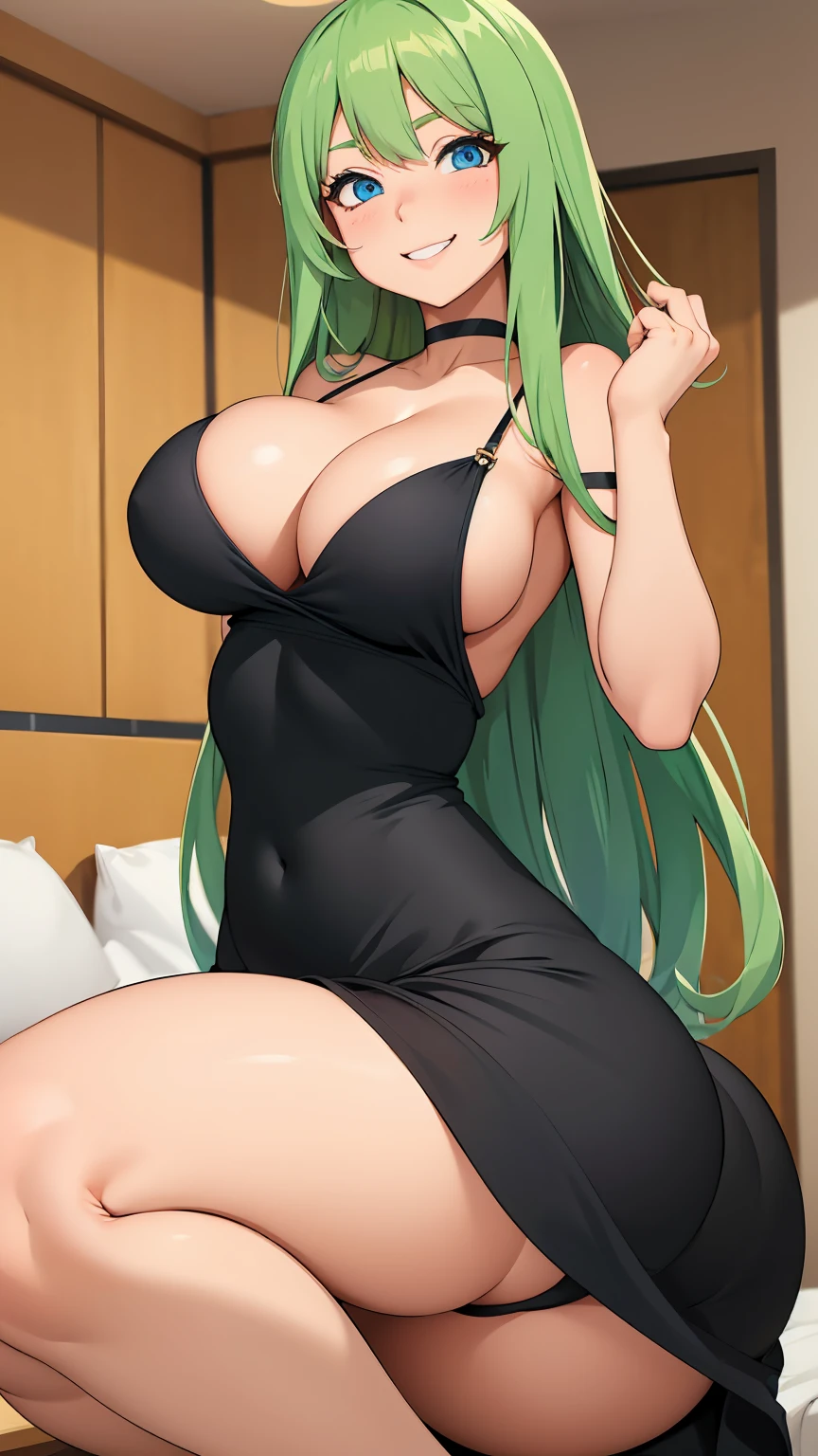Anime girl, blue eyes, green long hair, muy voluptuosa, , big breast, shy smile, wallpaper, cute black dress, strap, breasts bounce