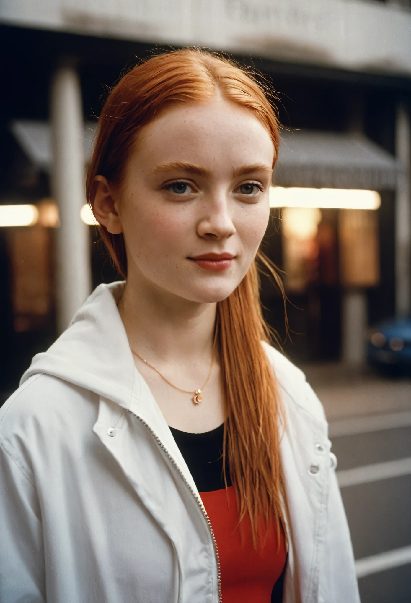 35mm, Fuji Superia 1600, ISO-1200, f/4, 0, 1/60, a close-up portrait of (((ohwx woman:1.3))), with red hair in a bun, wearing a windbreaker and a white t-shirt underneath, ((lora:Polaroid Type_600_B_1.1:0.5)), in front of a restaurant in a small town alley, playfully smiling at the camer