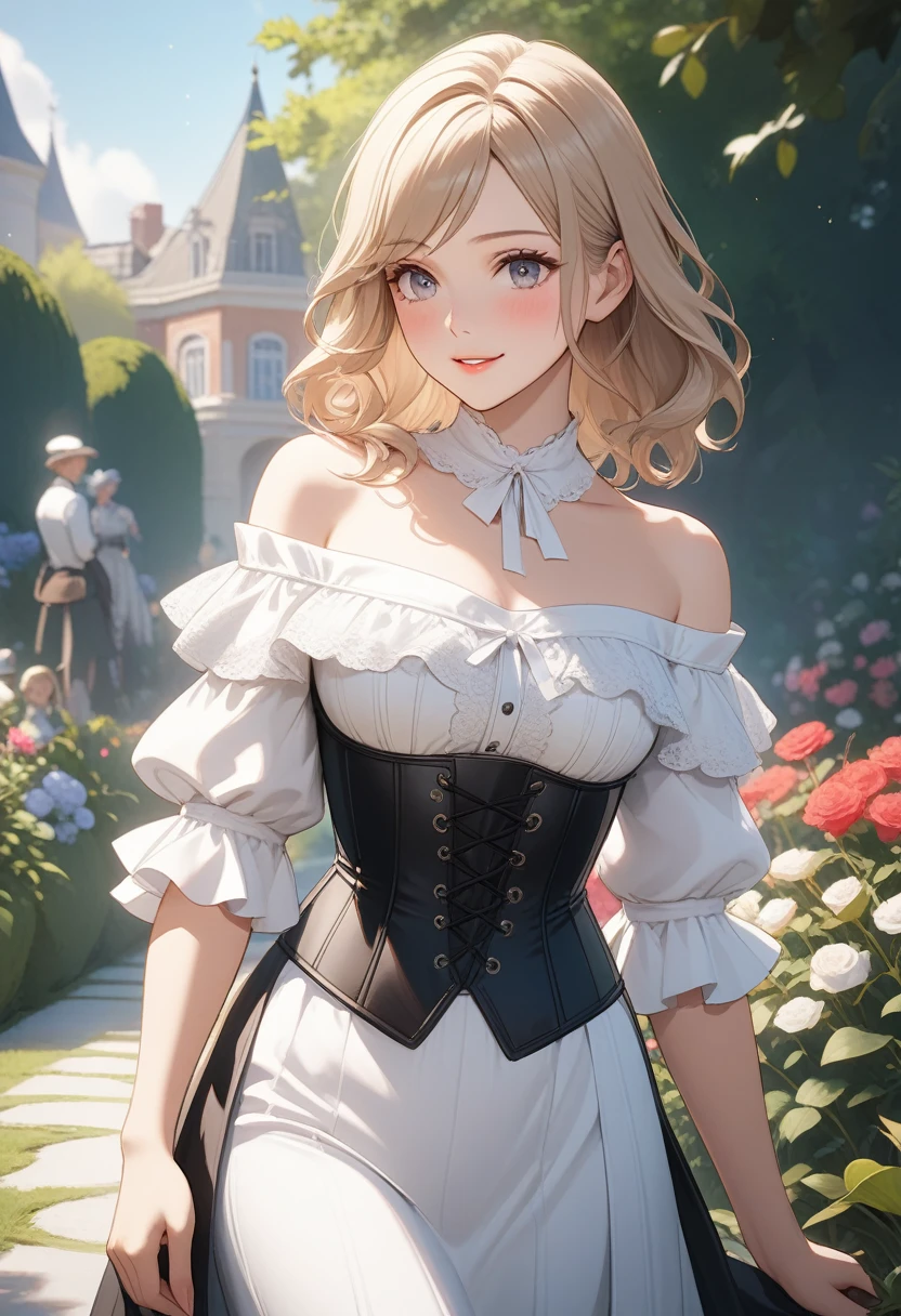 One girl, Natural light, masterpiece, Very detailed, figure, Game CG, Absurd, high quality, Beautiful attention to detail, Glossy Lips, Natural light, Medium chest, Claudia Walents, race, blush, A light smile, garden, corset dress, Side slits, Off the shoulder