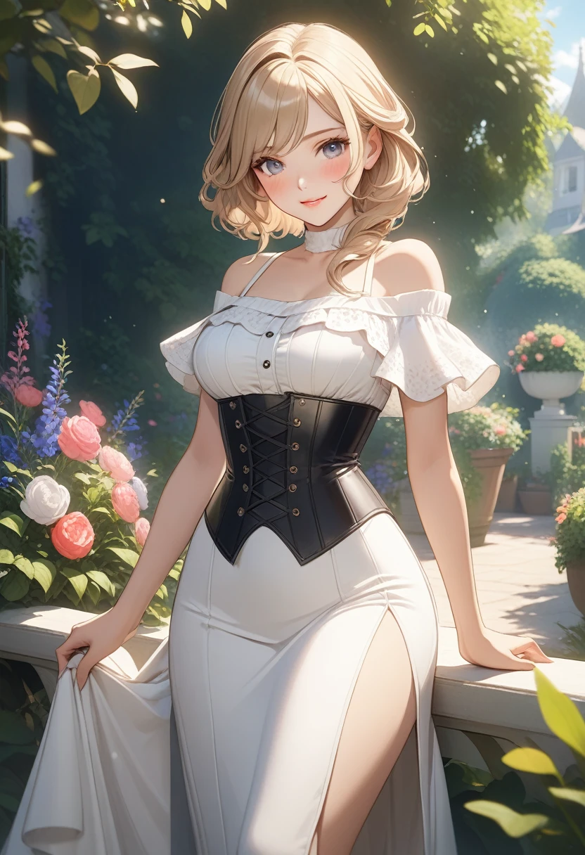 One girl, Natural light, masterpiece, Very detailed, figure, Game CG, Absurd, high quality, Beautiful attention to detail, Glossy Lips, Natural light, Medium chest, Claudia Walents, race, blush, A light smile, garden, corset dress, Side slits, Off the shoulder