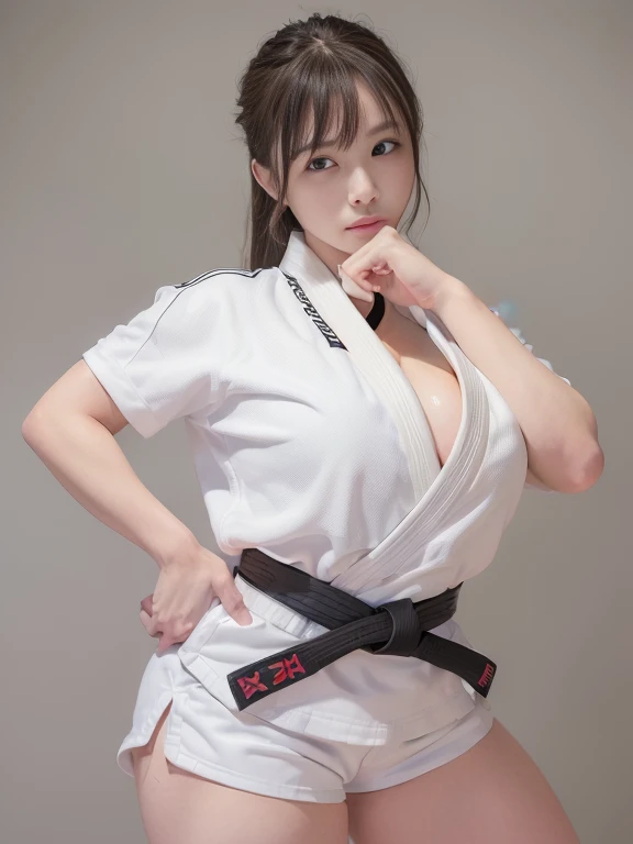 (8k, RAW Photos, A masterpiece of quality: 1.2), (Realistic, photoRealistic: 1.37), ((A little bit of cleavage 1.3)),Female Judo Athletes, ((Big Breasts 1.2)), ((Blonde 1.6)), Mid-length hair, ((Sweaty 1.5)), ((Shiny skin 1.4)), Judoka, ((A beautiful face like a Japanese actress 1.3)),(((White short-sleeved judo uniform with black belt))) , ((White shorts)),alone, Are standing, Long Shot, (Full Body Shot: 1), Glamorous Body,((Slender body)),View your viewers, Photo shoot pose, Firm posture, Long Shot photography, Detailed face, (smile), (Perfect Eyes) ,(Perfect hands) (Perfect Fingers), (Perfect legs),(Thighs), (Full body photography: 1).