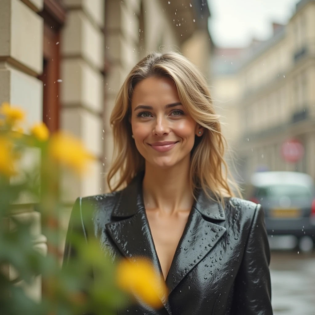 Professional realistic photo cloudy in the rain dressed in very elegant suit