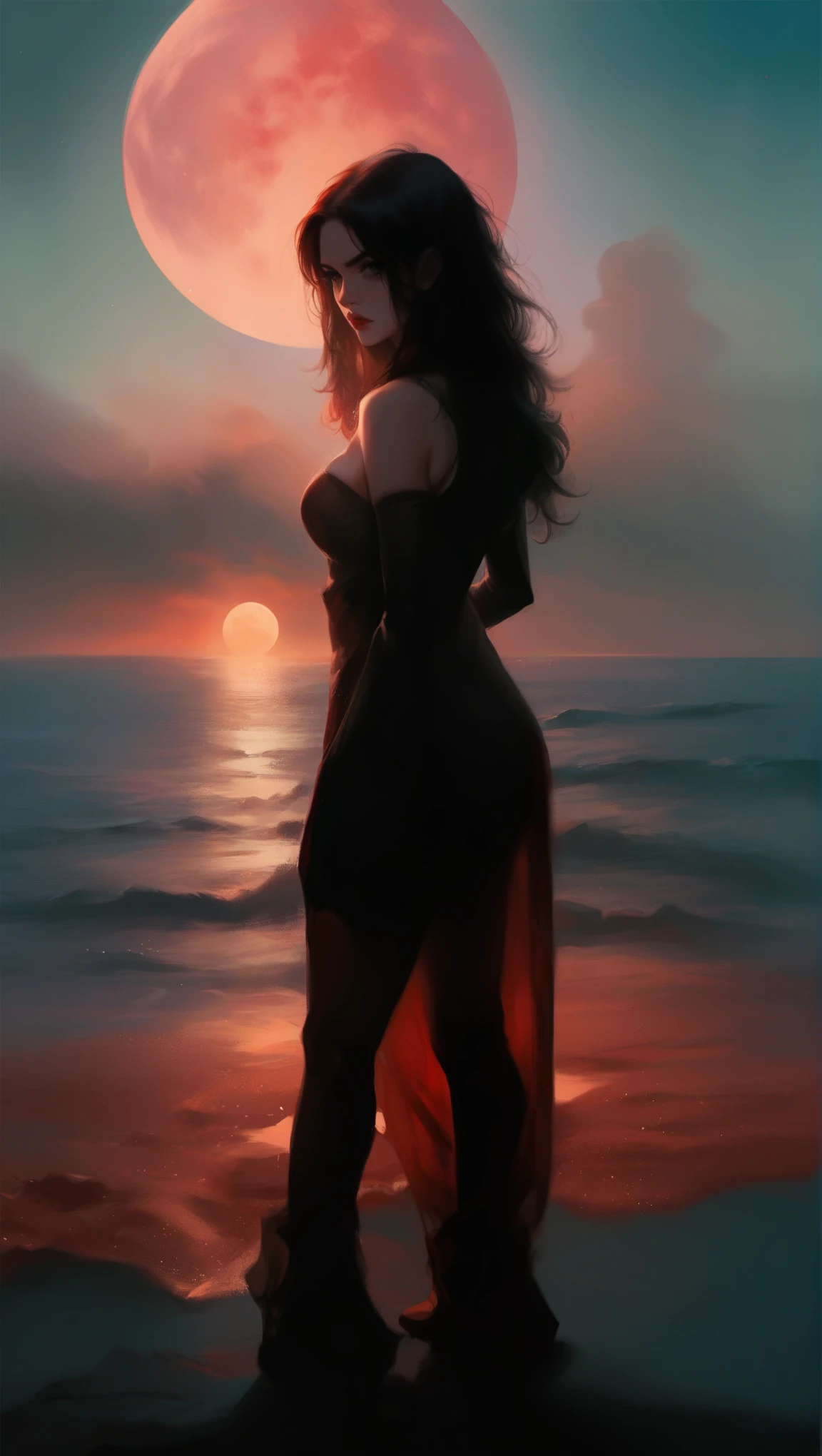 fire simple blood moon black red, salty ocean waters, woman standing on the edge of horizon looking at the viewer and the view, sci fi art style of the masters,