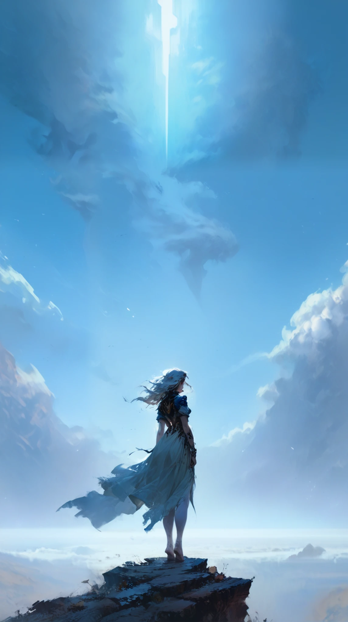 woman standing on the edge of horizon looking at the camera, sci fi art style of the masters,