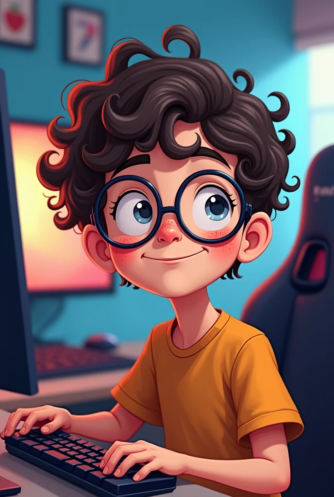  Curly-haired boy with glasses and wavy cartoon-style hair, in a gamer set and that looks like the age of 15-16 years, that looks cartoon style and not 3D, do it with very little acne 

