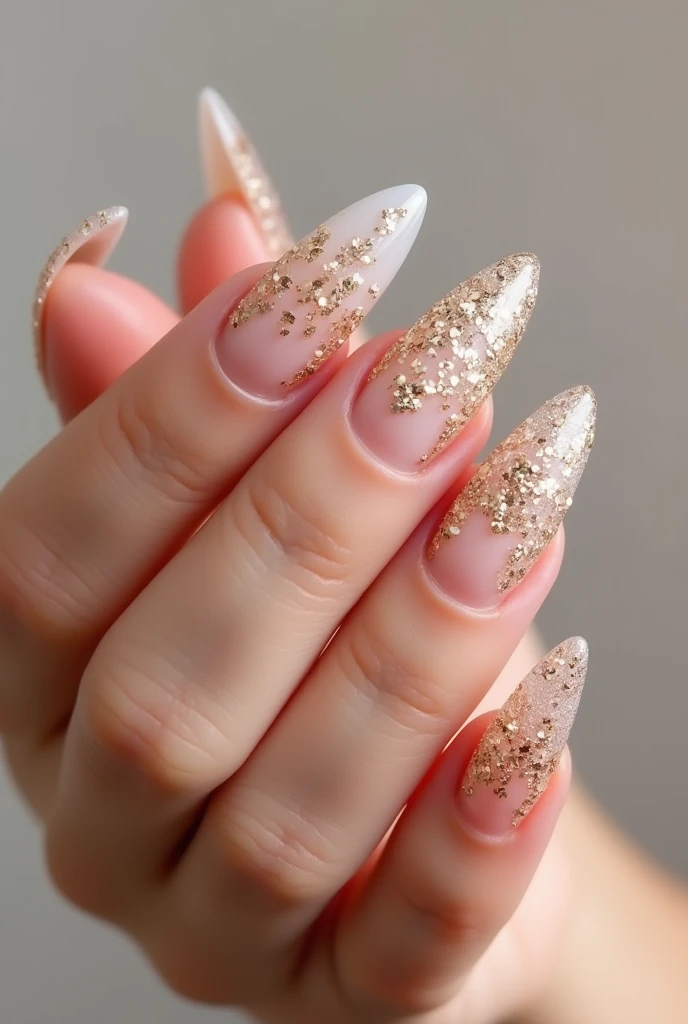 Almond shaped acrylic nails with gold details and glitter, Without accesories, stones or lumps in the nails. That is not French