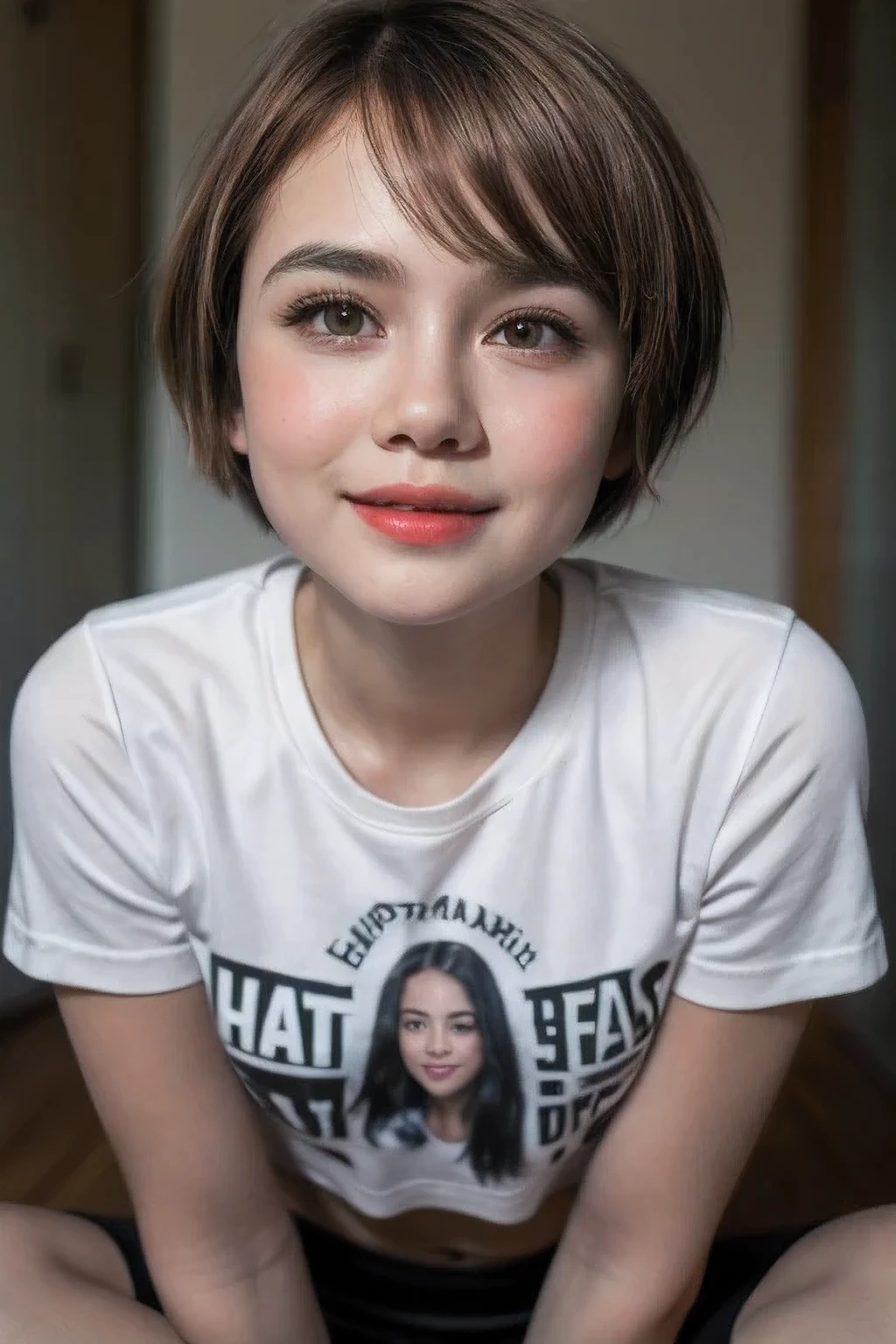 ((ORANGE LIPS)), ((shorthaircut:1.3)), adorable, 1 girl, (face to face), 10 years old, baby face, happy, half body portrait, (face details: 1), (eye details: 1), ((tiny breasts)). ((croptank)), ((net stockings))