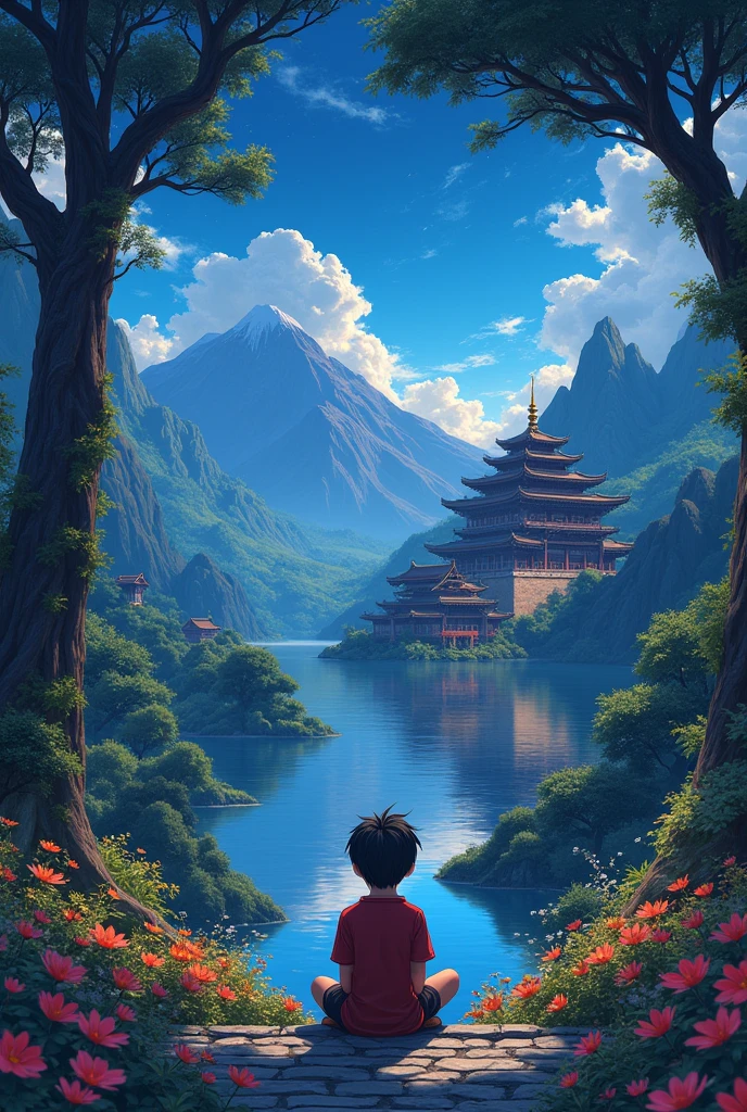 magnificent palace, mountain in the background, a boy sitting looking at the sky, floral flowers colorful, detailed landscape, Beautiful natural landscapes, atmospheric dark, night, cold colours, practical, photopractical, Detailed Foliage, complex buildings, cobblestone street, Charming country house, swirly vibrant colors, lush vegetation, Still water reflections, Picturesque, idyllic, work of art, best qualityer, 8k, extremely detaild,anime styling