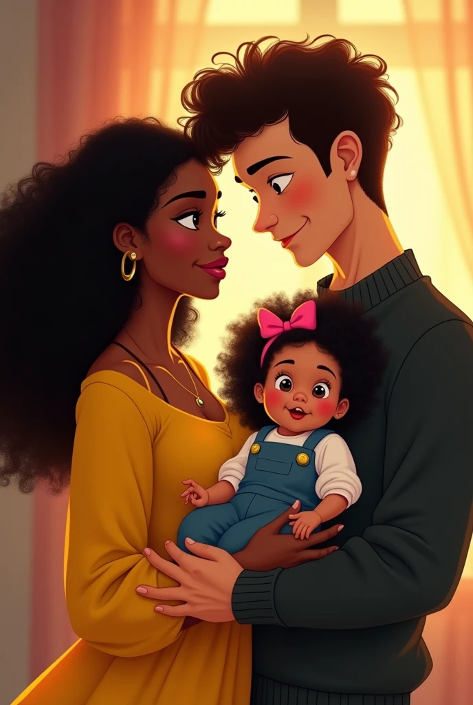 A brown woman with long black curly hair, black eyes, wearing a yellow dress. And a white skinned man , round nose,curly brown hair. He wears a black sweater. They hold a baby with white skin and curly black hair with a pink bow on her head, wearing overalls. Disney style