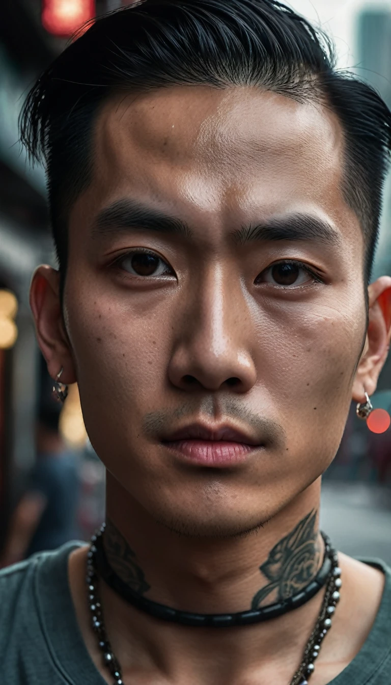 Photo of a young Vietnamese man, full-body, gentle features, muscular, tattooed, wearing a necklace, hair tied up, street scene, gangster style, romance. Kind, slightly curved lips suggesting a faint smile. Wide, almond-shaped eyes with a deep, melancholic gaze. Eyebrows slightly furrowed, conveying inner turmoil. Eyes are filled with sadness and longing. Smooth forehead with a hint of worry lines. The atmosphere is tense and foreboding, with a hint of supernatural energy. HongKong cinema.Hyper-realistic digital painting style with fine details. High-resolution image emphasizing texture of skin and eyes. Hyper-realistic digital art style, high contrast, dramatic lighting. Cinematic lighting, high detail, 8k, artstation, conceptual art, dark fantasy. Photo taken with Canon EOS R5 85mm f/11 camera, ((sharp)) mode of people and surrounding scenery. Image quality ((8K)), ((realistic)), ((masterpiece)), ((sharpest and highest contrast)), ((excellent depth of field)), ((stereoscopic lighting)), ((Kind, nice)), detailed pores.