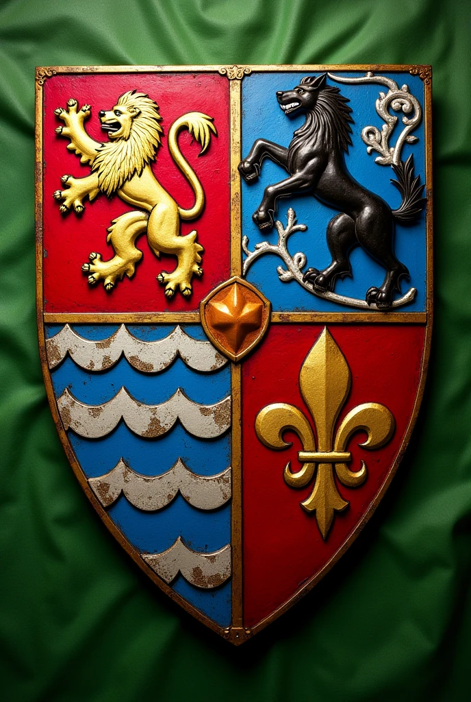 Create a shield for the Bolaños and Chacon families, with a red Calatrava cross charged with five silver scallops and azure and silver wave tips, rampant lion and the green tablecloth, silver goat on a field of gold, golden fleur-de-lis and a black wolf of saple, with the colors red, dorado, blue and green