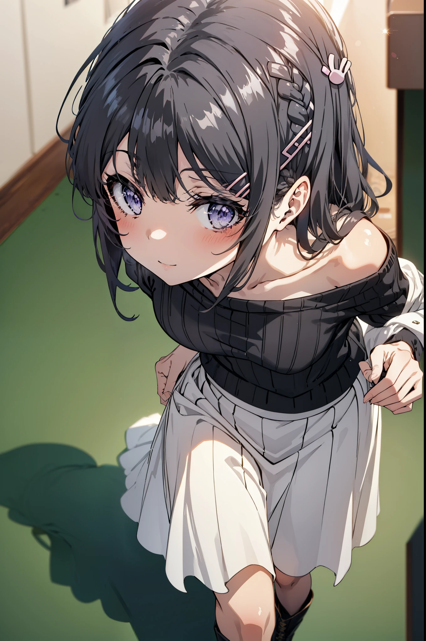 maisakurajima, mai sakurajima, Long braids, bangs, (Black Hair:1.5), hair ornaments, (Purple eyes:1.1), Hair Clip, rabbit hair ornaments,smile,blush,Glasses,One-shoulder sweater,Long skirt,Black pantyhose,short boots,Daytime,Clear skies,Walking,whole bodyがイラストに入るように,
break indoors, University　corridor,
break looking at viewer, whole body,
break (masterpiece:1.2), Highest quality, High resolution, unity 8k wallpaper, (figure:0.8), (Beautiful attention to detail:1.6), Highly detailed face, Perfect lighting, Highly detailed CG, (Perfect hands, Perfect Anatomy),