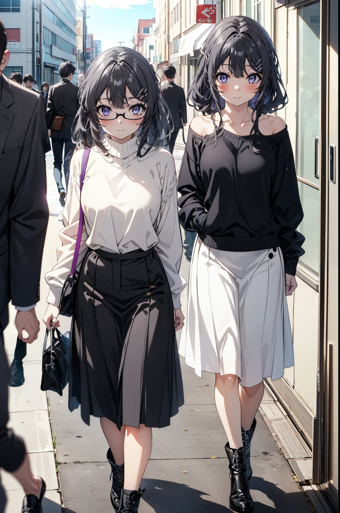 maisakurajima, mai sakurajima, Long braids, bangs, (Black Hair:1.5), hair ornaments, (Purple eyes:1.1), Hair Clip, rabbit hair ornaments,smile,blush,Glasses,One-shoulder sweater,Long skirt,Black pantyhose,short boots,Daytime,Clear skies,Walking,whole bodyがイラストに入るように,
break indoors, University　corridor,
break looking at viewer, whole body,
break (masterpiece:1.2), Highest quality, High resolution, unity 8k wallpaper, (figure:0.8), (Beautiful attention to detail:1.6), Highly detailed face, Perfect lighting, Highly detailed CG, (Perfect hands, Perfect Anatomy),