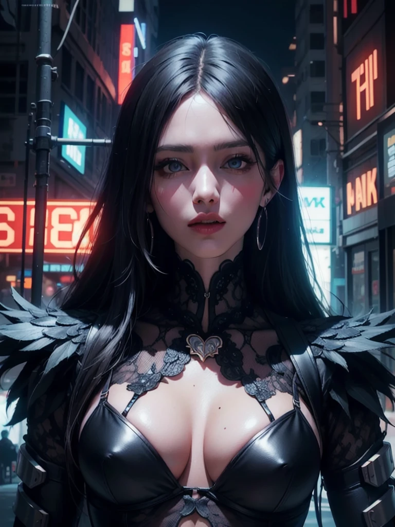 A dark angel woman in a cyberpunk thai dress, beautiful detailed face, piercing eyes, detailed lips, long eyelashes, intricate lingerie, glowing neon cyberpunk city in the background, dramatic lighting, dark moody colors, cinematic composition, highly detailed, 8k, hyper realistic, unreal engine, concept art style