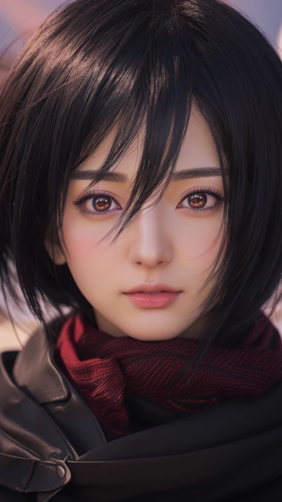 Anime girl with black hair and red scarf looking at camera, Photorealistic Animation, Photorealistic Animation girl render, Ultra realistic anime, Anime realism style, 8K Portrait Rendering, Stunning Anime Face Portraits, 3D Anime Real, Portrait of a female anime hero, Mikasa Ackerman, Real life anime girls, Realistic Anime 3D Style, anime cgi style