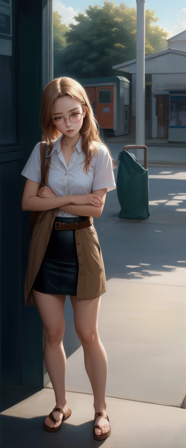 realistic anime illustration of teenage girl is holding a jacket and waiting bus on bus stop, she has light brown long hair (+forehead), wearing eyeglasses, white short sleeves collared shirt, unbuttoned top shirt, black pencil mini skirt with brown belt, (1girl, solo,full body), (masterpiece, best quality, japanese anime style)
