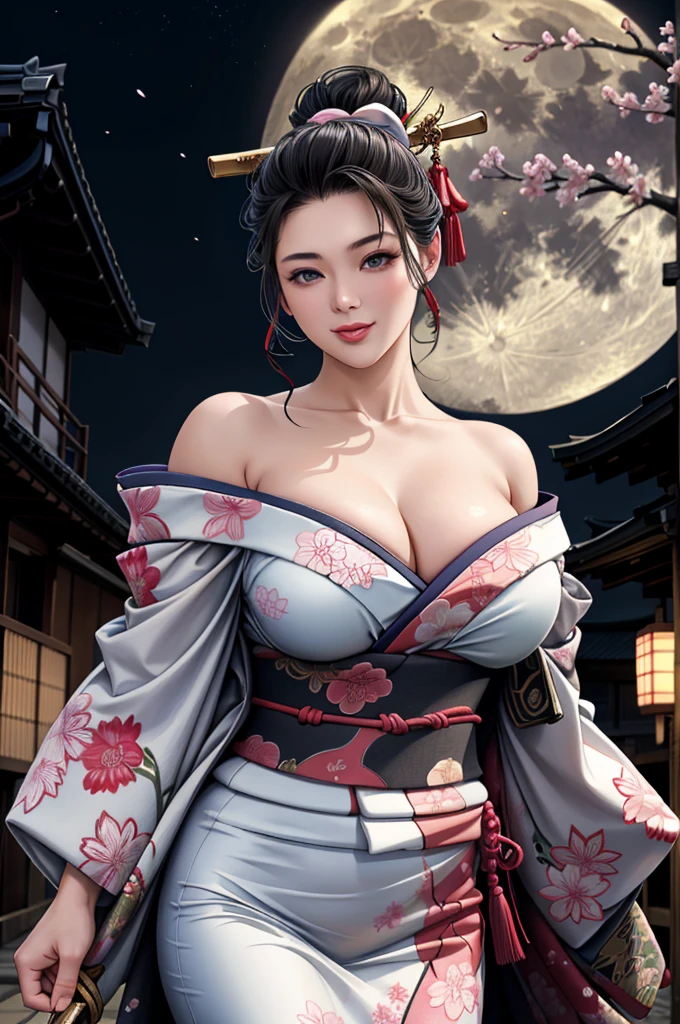 (Browsing Caution), (RAW Photos), (Realistic), (Photorealistic), Ultra-high resolution, masterpiece, Highest quality, Portraiture, facial Portraiture, Perfect lighting, Detailed lighting, Dramatic Shadows, Ray Tracing, Pure Eros Face_v1, Urzan-6500-v1.1, ((smile)), ((upper body:1.2)), ((random sexy pose)), looking at viewer, ((wearing a kimono)), ((off shoulders kimono)), ((holding a Japanese Katana)), ((in old Japanese street)), ((night)), ((full moon)), ((background with Cherry blossom)), ((Japanese tattoo)),